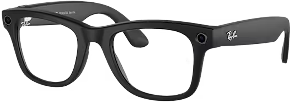 Gafas inteligentes Ray-Ban Meta con diseño clásico Wayfarer, integrando cámaras y tecnología de audio para capturar momentos y escuchar música con estilo.